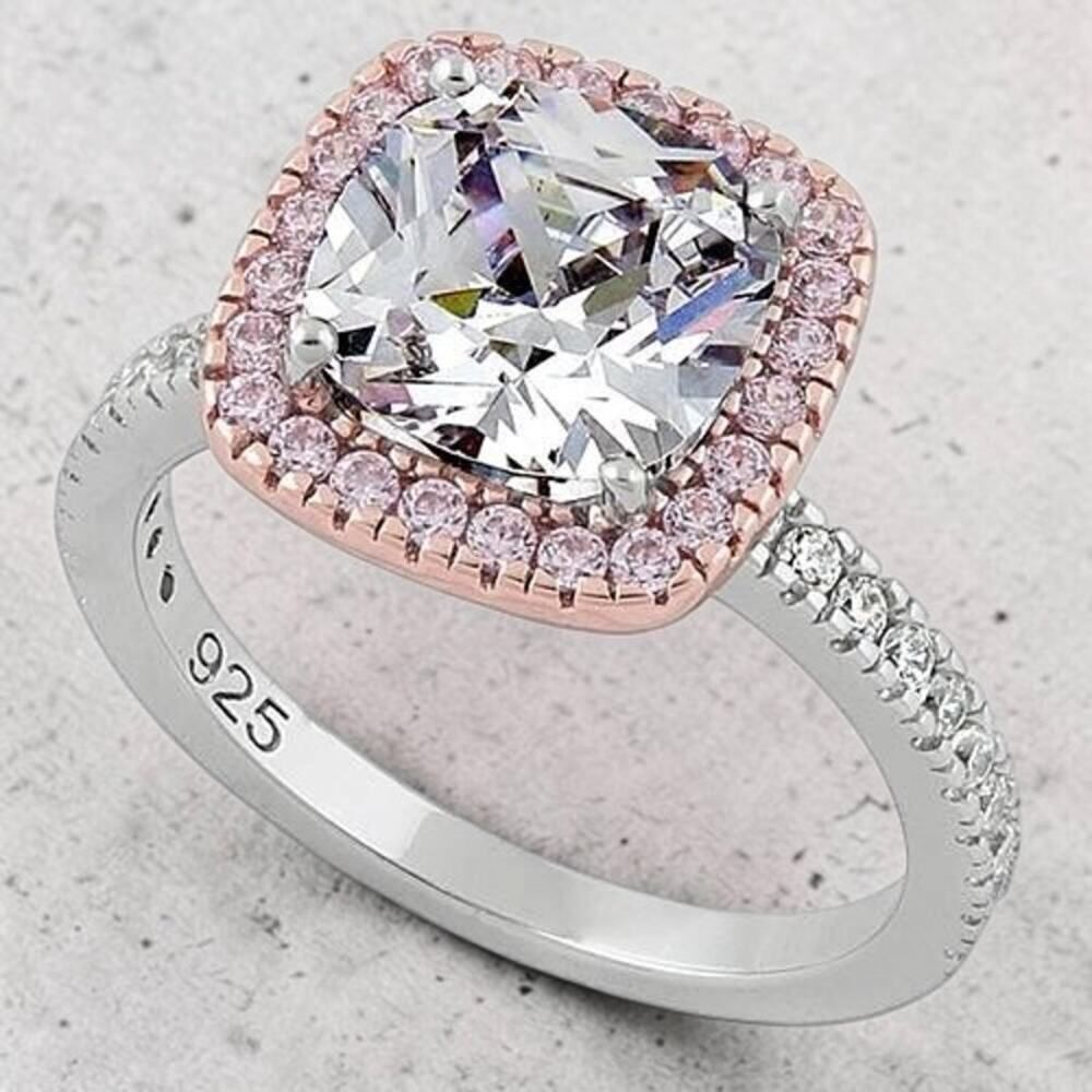 Two Tone Rose Gold Cushion Cut Sterling Silver Ring Size 7